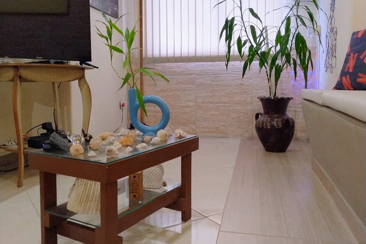Sala de espera do consultório da Néria Santos, com mesa de centro, plantas e iluminação suave