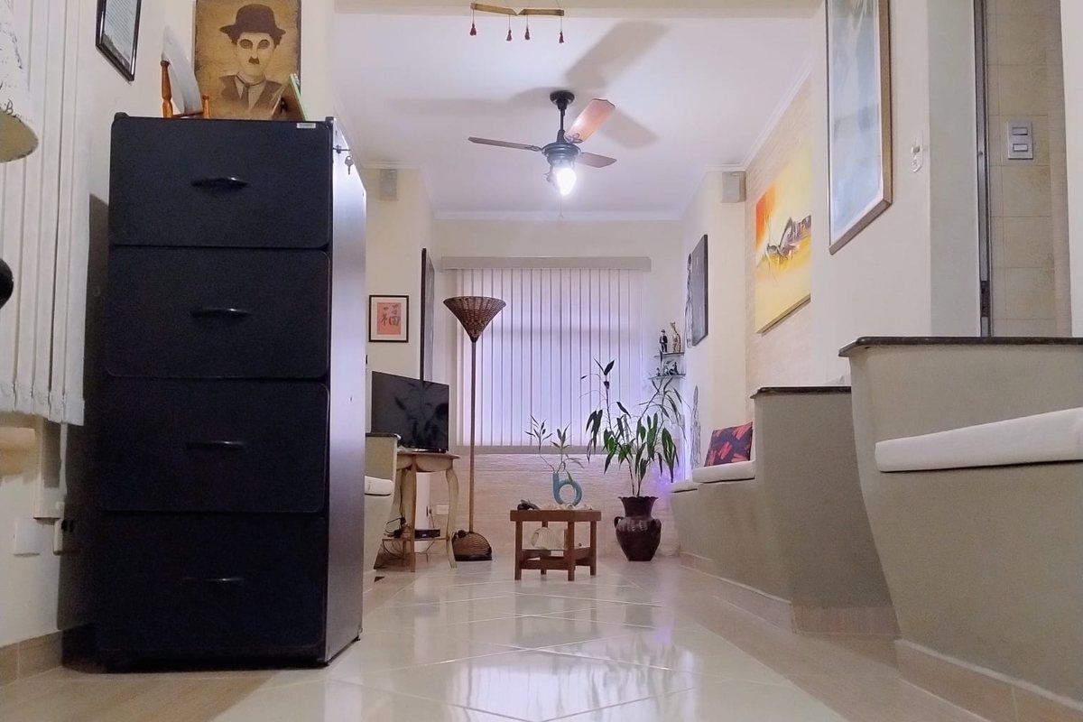 Recepção do consultório da Néria Santos, com poltronas, plantas e quadros